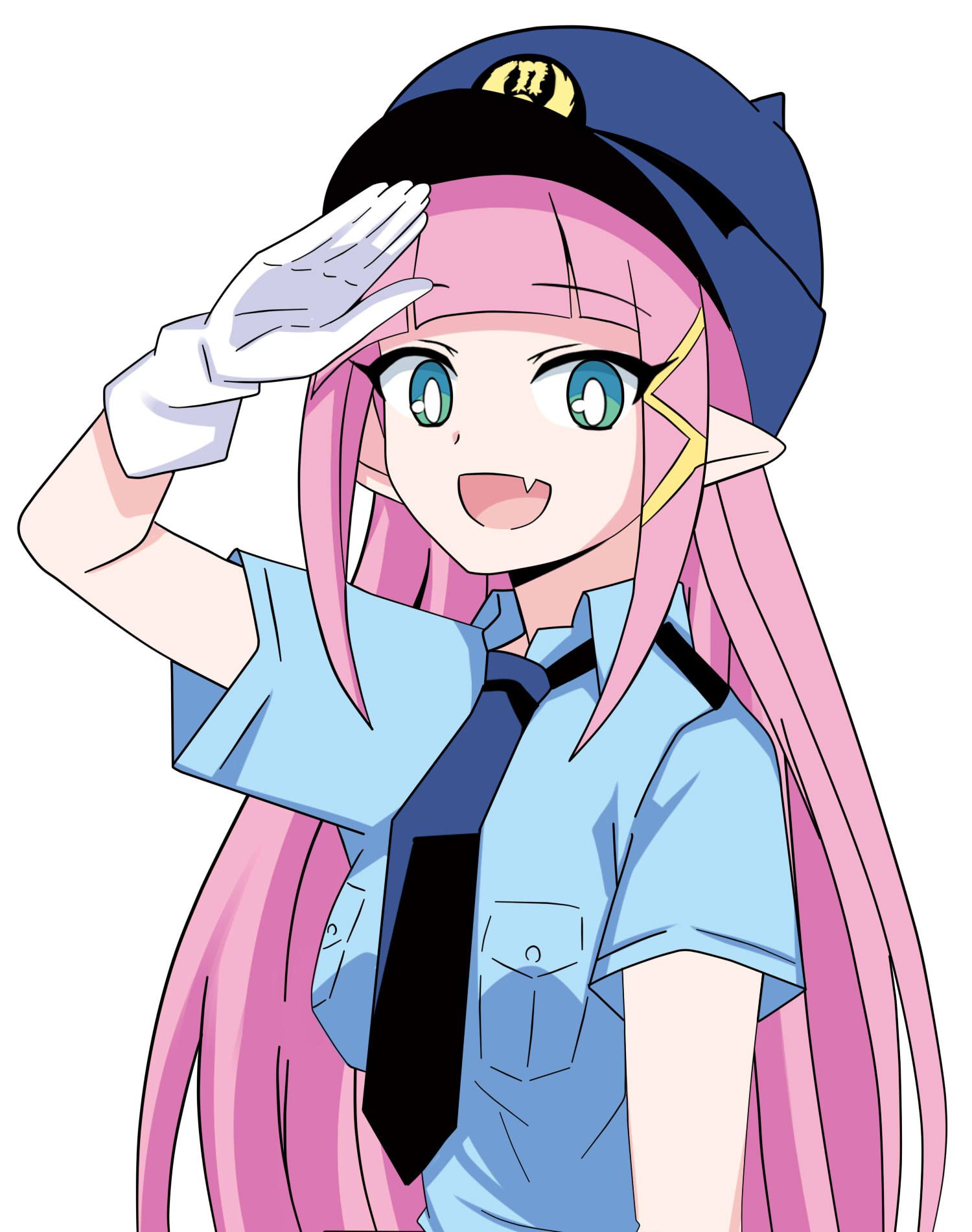 shiguko, akuma de fukei!, highres, 1girl, aqua eyes, blue shirt, breasts, eclair (akuma de fukei!), gloves, hat, long hair, medium breasts, necktie, pink hair, pointy ears, police, salute, shirt, short sleeves, upper body, white gloves