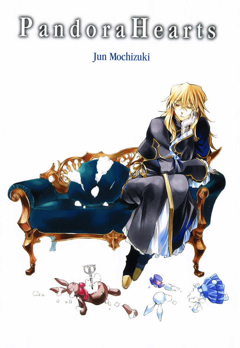 mochizuki jun, vincent nightray, pandora hearts, highres, official art, 00s, 1boy, blonde hair, boots, capelet, couch, doll, earrings, formal clothes, frills, gathers, gloves, head rest, heterochromia, jewelry, long hair, male focus, pillow, red eyes, scissors, sitting, solo, stuffed animal, stuffed rabbit, stuffed toy, stuffing, yellow eyes