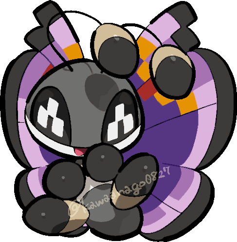 kawaanago, vivillon, vivillon (elegant), nintendo, pokemon, commentary request, lowres, animal focus, antennae, bug, chibi, chibi only, full body, gen 6 pokemon, insect wings, no humans, open mouth, pokemon (creature), pokemon focus, smile, solo, transparent background, twitter username, wings