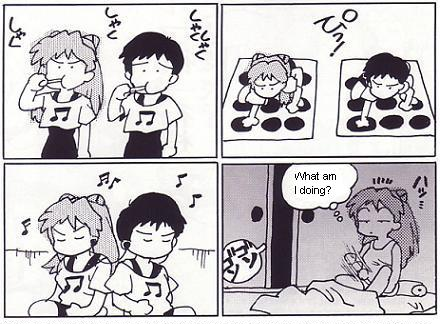 isutoshi, ikari shinji, souryuu asuka langley, neon genesis evangelion, lowres, translated, 4koma, comic, dance pad, greyscale, male masturbation, masturbation, monochrome, parody
