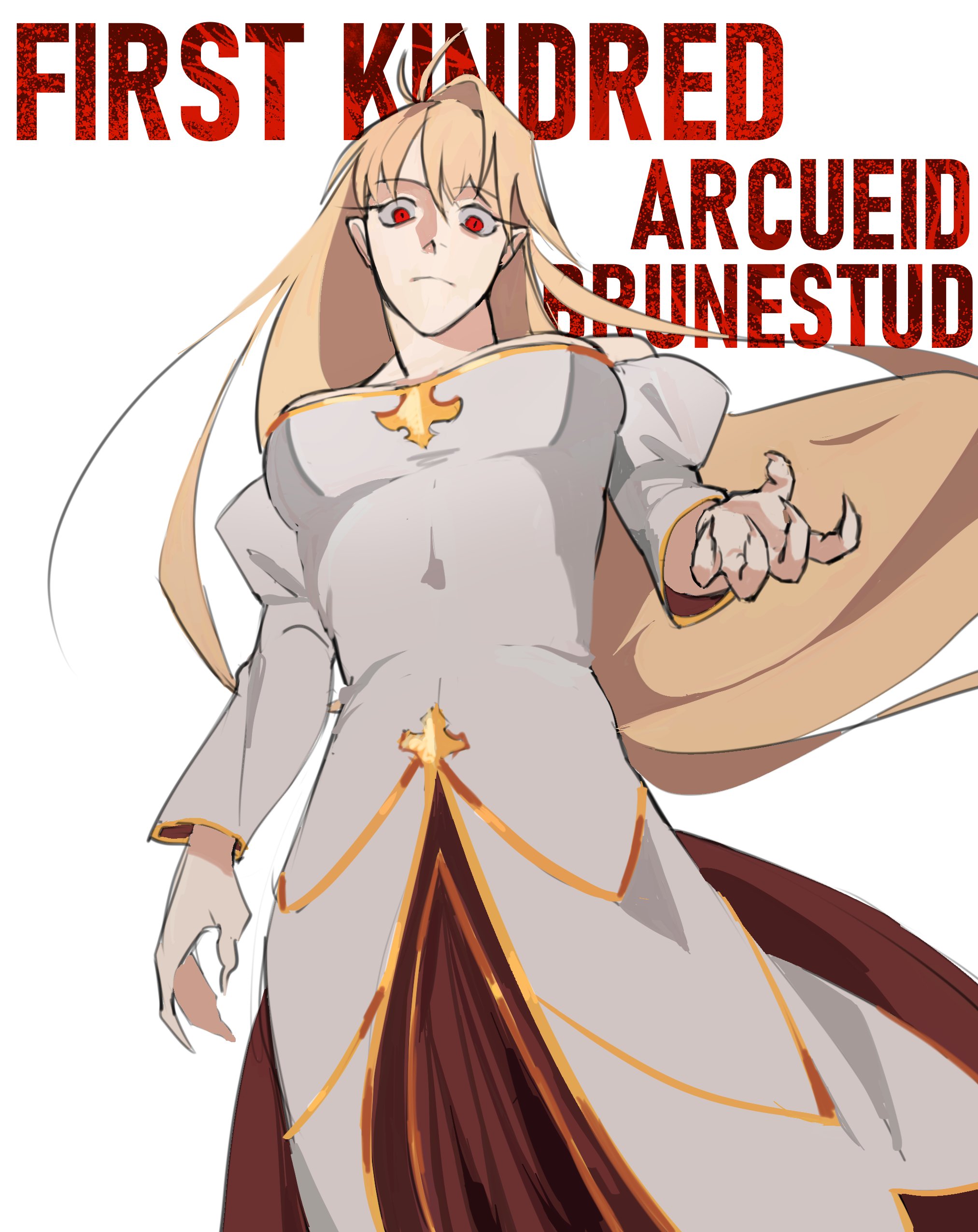 ryoshusex, archetype earth, arcueid brunestud, limbus company, project moon, tsukihime, absurdres, highres, 1girl, ahoge, alternate color, arm up, bare shoulders, blonde hair, breasts, cleavage, detached sleeves, dress, english text, expressionless, fingernails, floating clothes, floating hair, from below, gold trim, hair between eyes, long hair, looking at viewer, red eyes, red skirt, sharp fingernails, skirt, vampire, white dress