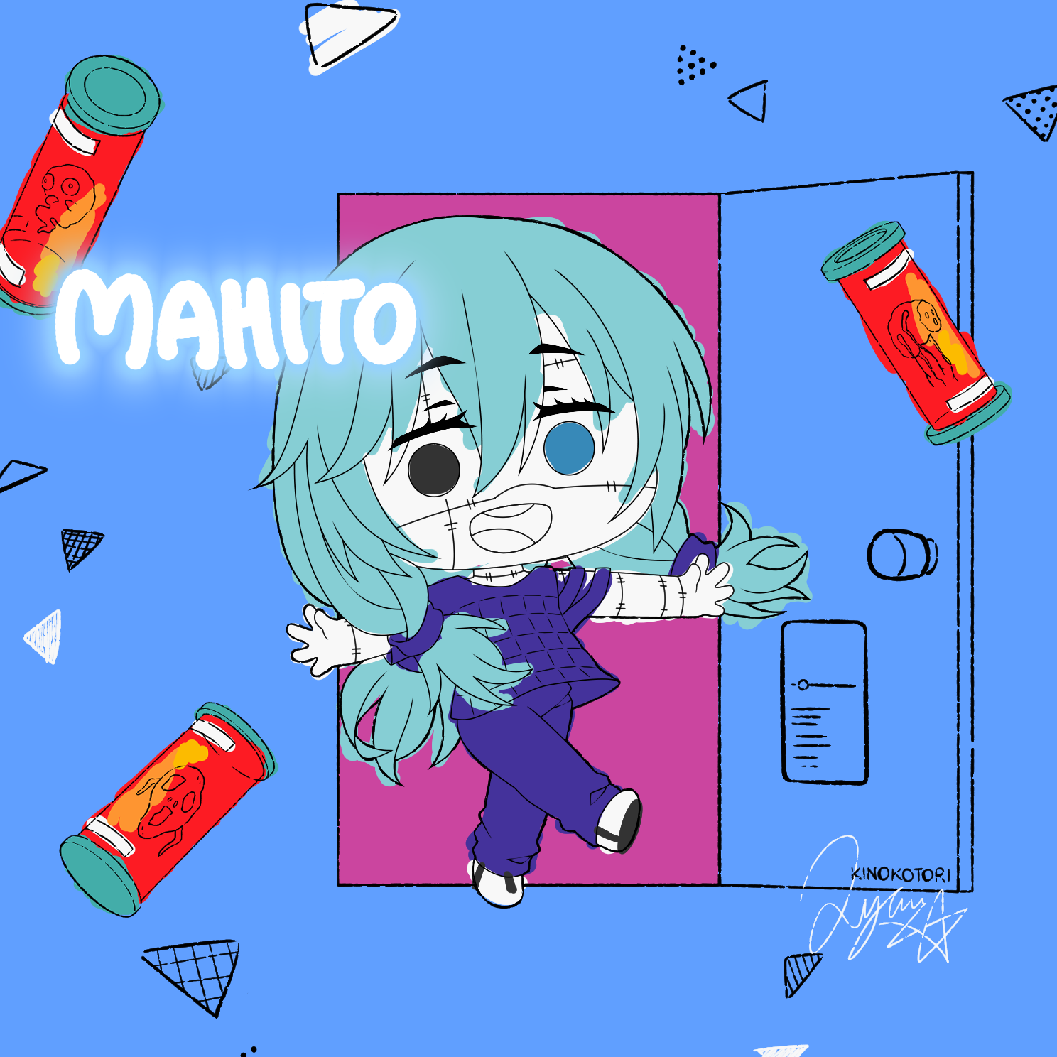 kinokorin, mahito (jujutsu kaisen), jujutsu kaisen, highres, 1boy, character name, chibi, chibi only, full body, hair between eyes, heterochromia, looking at viewer, low twintails, open door, open mouth, pants, partially colored, purple pants, purple shirt, shirt, solo, twintails, walking