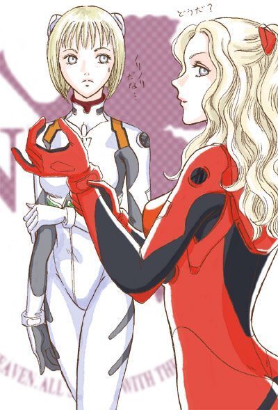 ayanami rei, clare (claymore), souryuu asuka langley, teresa, claymore (series), neon genesis evangelion, jpeg artifacts, 2girls, ayanami rei (cosplay), cosplay, interface headset (evangelion), mecha pilot suit, multiple girls, plugsuit (evangelion), souryuu asuka langley (cosplay)