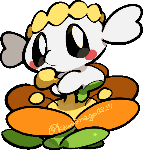 kawaanago, flabebe, flabebe (orange flower), nintendo, pokemon, commentary request, lowres, blush, blush stickers, chibi, chibi only, flower, full body, gen 6 pokemon, no humans, orange flower, pokemon (creature), pokemon focus, solo, transparent background, twitter username