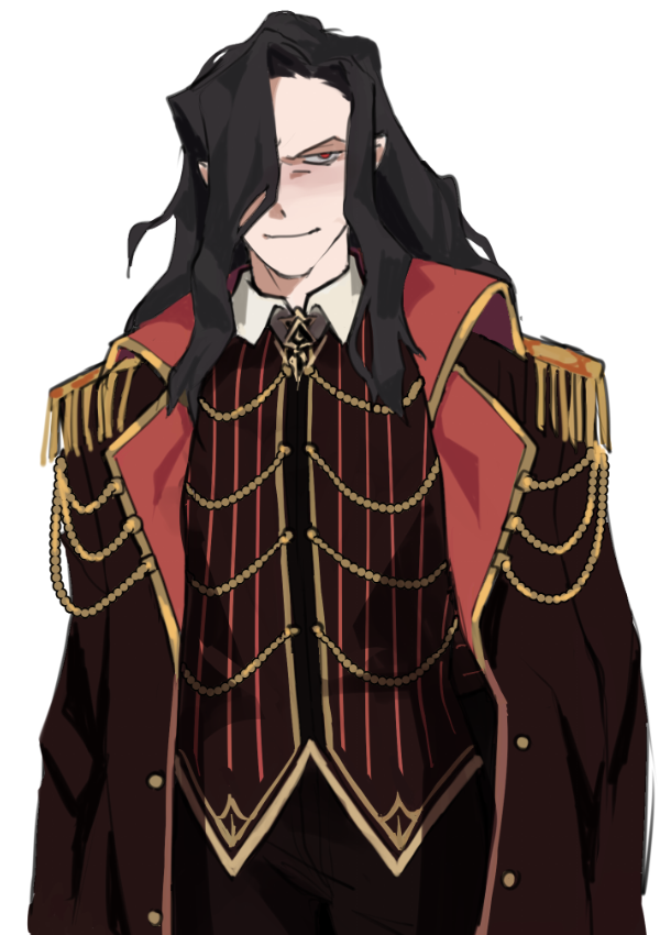 ryoshusex, michael roa valdamjong, limbus company, project moon, tsukihime, 1boy, alternate costume, black coat, coat, cosplay, evil smile, formal clothes, hair over one eye, la manchaland's don quixote (project moon), la manchaland's don quixote (project moon) (cosplay), long hair, looking at viewer, male focus, red eyes, smile, striped clothes, upper body, wavy hair