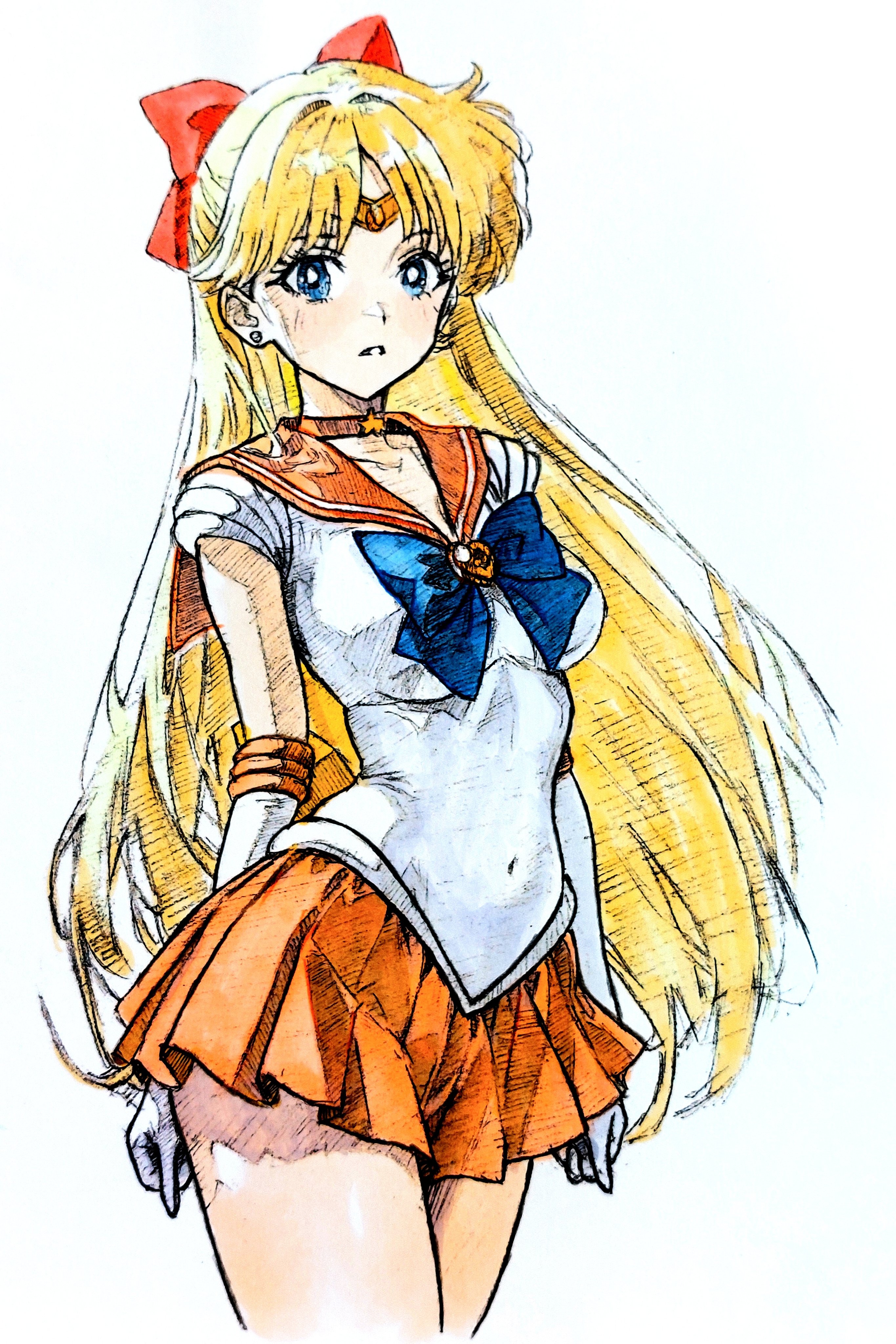 i4teruz, aino minako, sailor venus, super sailor venus, bishoujo senshi sailor moon, bishoujo senshi sailor moon supers, absurdres, graphite (medium), highres, traditional media, 1girl, back bow, blonde hair, blue bow, blue bowtie, blue eyes, bow, bowtie, brooch, choker, gem, gloves, hair bow, heart, heart brooch, jewelry, long hair, looking at viewer, orange brooch, orange gemstone, orange sailor collar, orange skirt, red bow, sailor collar, sailor senshi uniform, skirt, solo, star (symbol), star choker