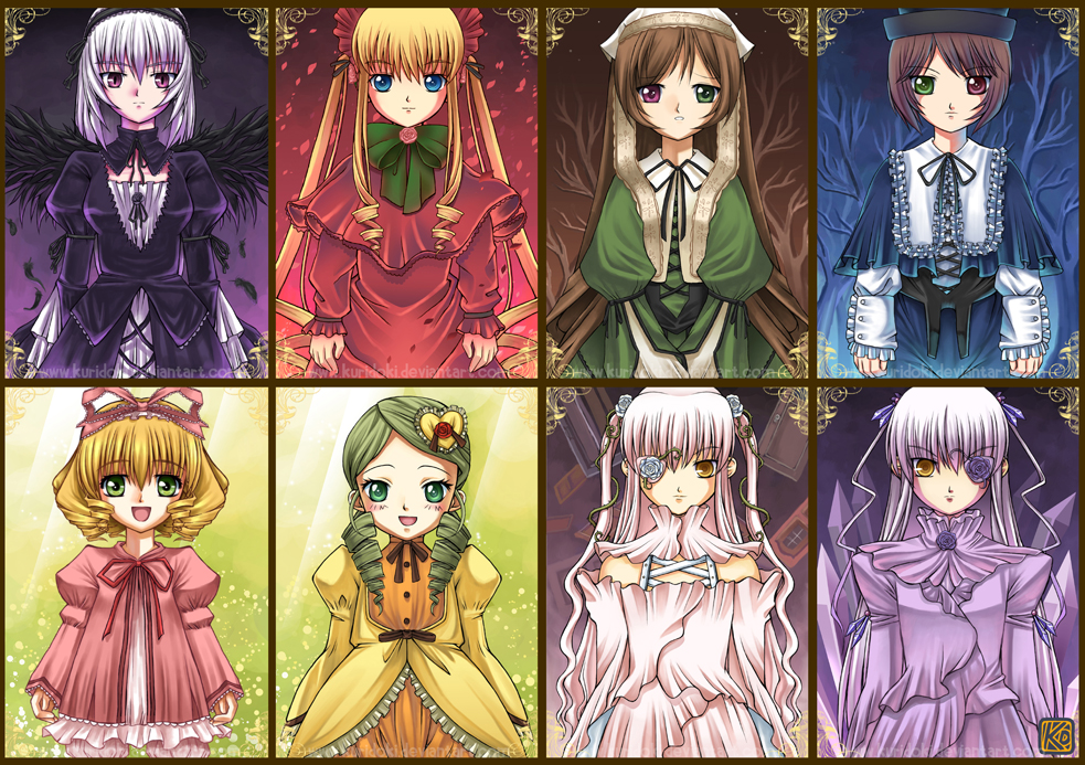 barasuishou, hinaichigo, kanaria, kirakishou, shinku, souseiseki, suigintou, suiseiseki, rozen maiden, silver hair, 00s, 6+girls, blonde hair, bow, brown hair, drill hair, everyone, green hair, hair ornament, hairpin, heterochromia, long hair, multiple girls, pink bow, pink hair, purple hair, twintails, two side up, very long hair, wings