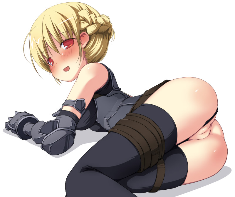wazawogi (wzog), fantasy earth zero, non-web source, 1girl, armor, ass, belt, black panties, black shirt, black thighhighs, blonde hair, blush, braid, breasts, cowboy shot, gauntlets, hair between eyes, large breasts, looking at viewer, lying, on stomach, open mouth, panties, pussy, red eyes, shirt, short hair, sidelocks, simple background, sleeveless, sleeveless shirt, smile, solo, thigh belt, thigh strap, thighhighs, underwear, white background
