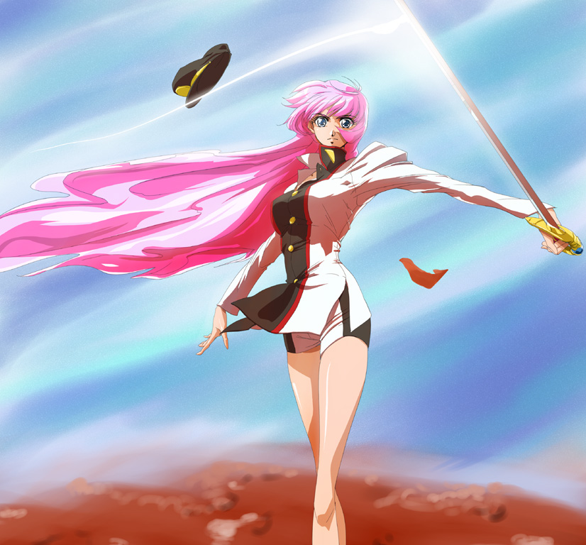 f (pixiv), tenjou utena, shoujo kakumei utena, shoujo kakumei utena adolescence mokushiroku, 1990s (style), 1girl, bike shorts, blurry, depth of field, female focus, flower, hat, high collar, holding, holding sword, holding weapon, long hair, outdoors, peaked cap, pink hair, retro artstyle, rose, school uniform, serafuku, solo, sword, unworn hat, unworn headwear, very long hair, weapon