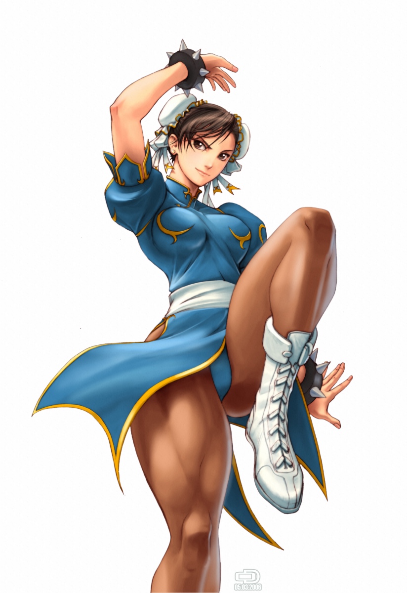 omar dogan, udon entertainment, chun-li, capcom, street fighter, highres, 1girl, arm at side, arm up, blue dress, bracelet, breasts, brown hair, brown pantyhose, bun cover, china dress, chinese clothes, closed mouth, double bun, dress, earrings, female focus, hair bun, jewelry, legs, looking at viewer, matching hair/eyes, medium breasts, naughty face, pantyhose, pelvic curtain, puffy short sleeves, puffy sleeves, short hair, short sleeves, smile, solo, spiked bracelet, spikes, standing, standing on one leg, stud earrings, thick thighs, thighs