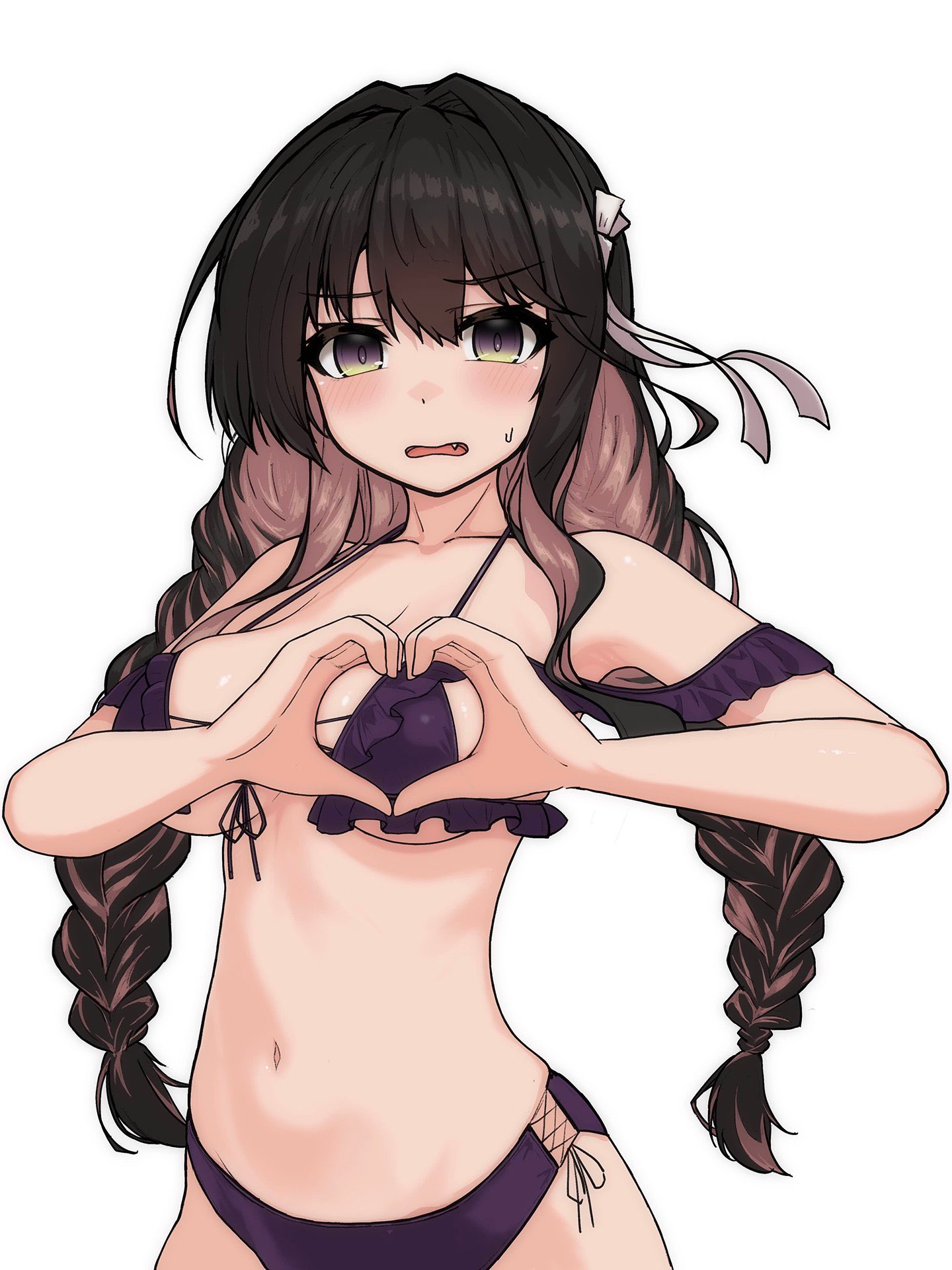 kinakomochi (testament05), naganami (kancolle), naganami kai ni (kancolle), naganami kai ni (swimsuit) (kancolle), kantai collection, highres, 1girl, bikini, black bikini, black hair, braid, breasts, cowboy shot, criss-cross straps, embarrassed, frilled bikini, frills, front-tie bikini top, front-tie top, hairband, heart, heart-shaped boob challenge, heart hands, large breasts, long hair, low twin braids, multicolored hair, open mouth, pink hair, simple background, solo, swimsuit, twin braids, two-tone hair, wavy hair, white background, white hairband