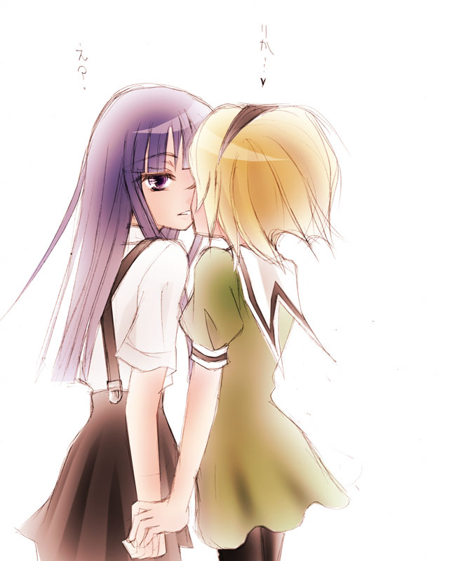furude rika, houjou satoko, higurashi no naku koro ni, translated, 00s, 2girls, blonde hair, blue hair, female focus, green skirt, hairband, holding hands, long hair, multiple girls, pantyhose, purple eyes, school uniform, serafuku, short hair, simple background, skirt, suspender skirt, suspenders, white background, yuri