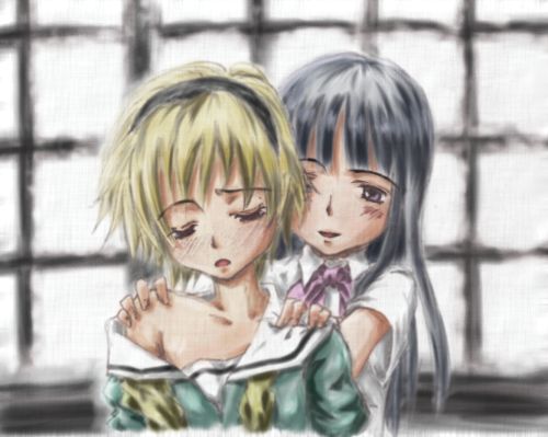 furude rika, houjou satoko, higurashi no naku koro ni, grabbing, lowres, 00s, 2girls, bare shoulders, black hair, blonde hair, bow, closed eyes, collarbone, hairband, long hair, multiple girls, short hair, yuri