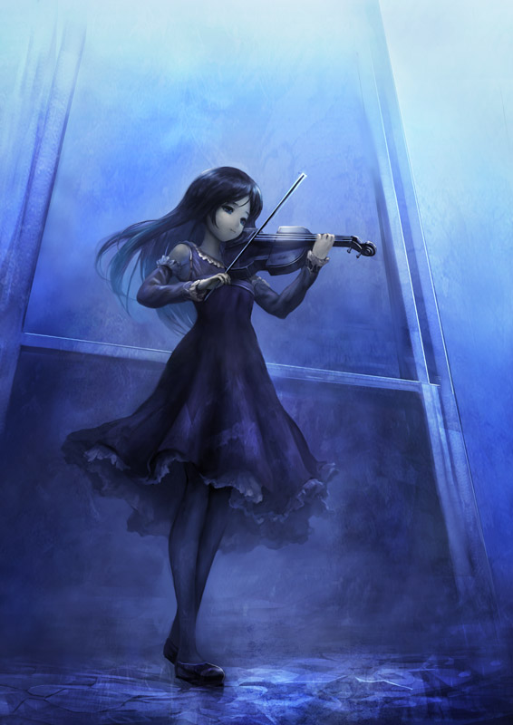 yoshimura masato, original, 1girl, black hair, blue eyes, blue theme, detached sleeves, dress, female focus, full body, instrument, long hair, pantyhose, solo, violin