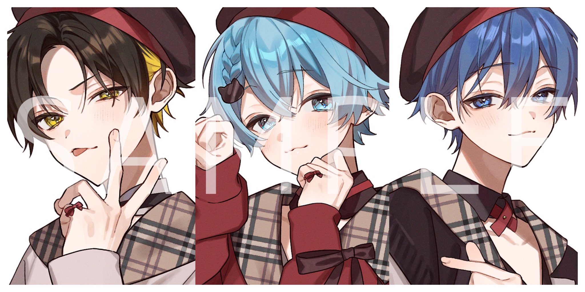 shichi (kotoneco0711), highres, official art, 3boys, :3, :p, alternate costume, beret, black collar, black hair, blonde hair, blue eyes, blue hair, border, braid, brown hat, brown ribbon, brown sailor collar, brown sweater vest, cat hair ornament, closed mouth, collar, collarbone, column lineup, cross tie, crossed bangs, detached collar, finger heart, finger ribbon, grey shirt, hair behind ear, hair between eyes, hair ornament, hairclip, hat, kamome (utaite), light blush, long sleeves, looking at viewer, male focus, melon parker, multicolored hair, multiple boys, parted bangs, paw pose, plaid clothes, plaid sailor collar, portrait, red shirt, ribbon, sailor collar, sailor shirt, sample watermark, samurai shou, shirt, side braid, sideways glance, simple background, sleeve ribbon, sleeves past wrists, soraneko (utaite), sweater vest, tongue, tongue out, two-tone hair, uneven eyes, utaite, v, v-shaped eyebrows, watermark, white background, white border, yellow eyes