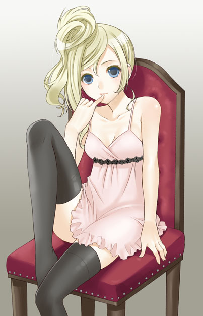 mattaku mousuke, original, black thighhighs, blonde hair, blue eyes, chair, feet on chair, gradient background, grey background, long hair, on chair, simple background, sitting, solo, thighhighs, zettai ryouiki