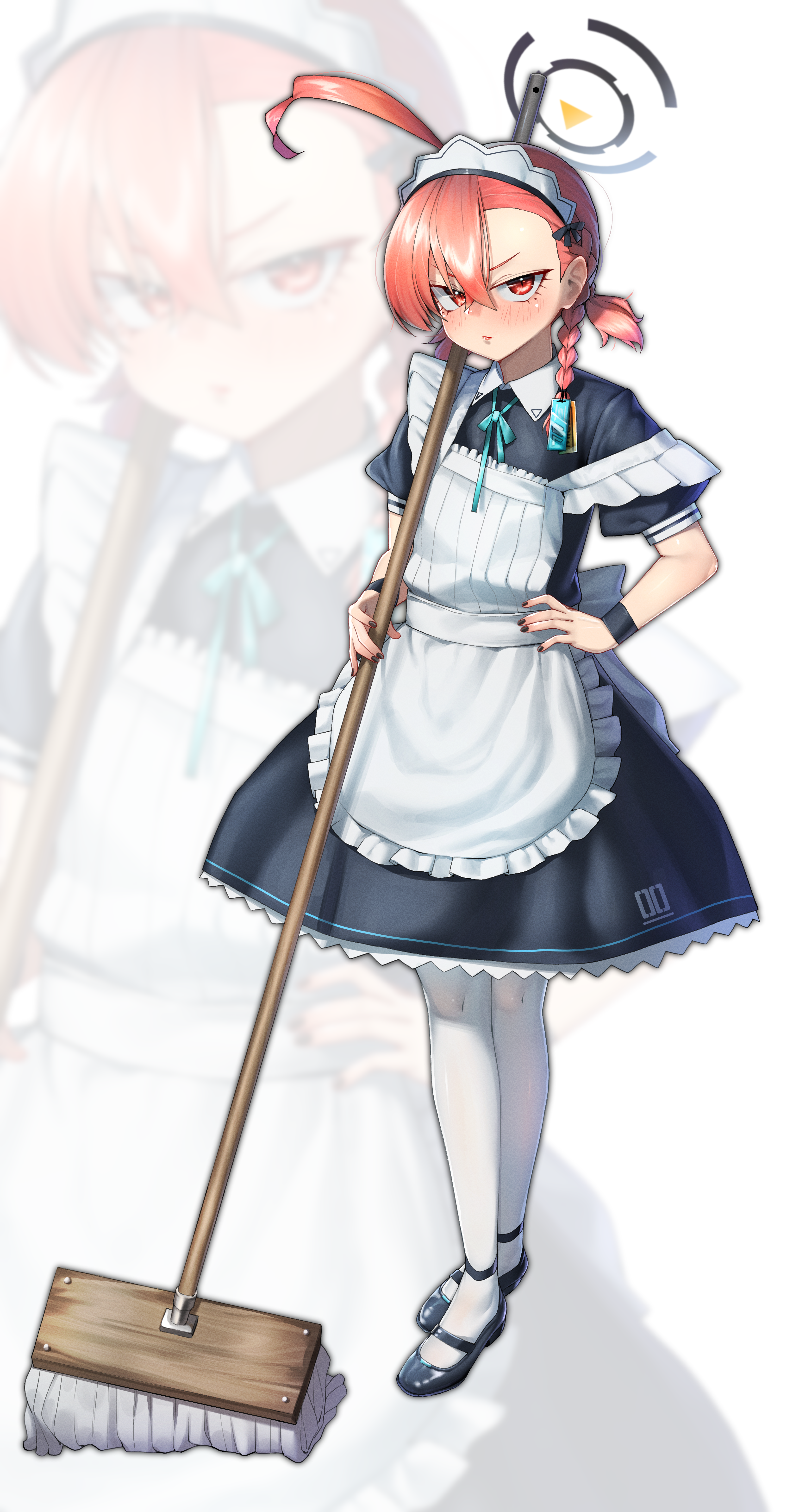 walking nakta, neru (blue archive), blue archive, absurdres, highres, 1girl, ahoge, apron, aqua ribbon, asymmetrical bangs, black dress, black shoes, braid, dress, fingernails, full body, halo, hand on own hip, holding, holding mop, huge ahoge, looking at viewer, maid, maid apron, maid headdress, mary janes, mole, mole under each eye, mole under eye, mop, multiple moles, nail polish, neck ribbon, number print, orange hair, pantyhose, puffy short sleeves, puffy sleeves, red eyes, ribbon, shoes, short sleeves, short twintails, single braid, twintails, white apron, white pantyhose, wristband, zoom layer