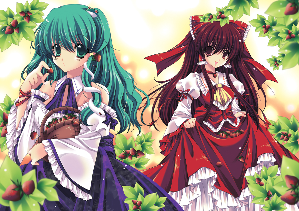sakurano ru, hakurei reimu, kochiya sanae, touhou, 2girls, blush, brown hair, female focus, food, fruit, gradient background, green eyes, green hair, japanese clothes, long hair, miko, multiple girls, nature, outdoors, plant, red eyes, ribbon, skirt, strawberry, white background