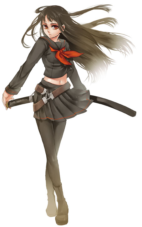 komeo, tenkuu sphere, original, bad id, bad pixiv id, belt, black hair, boots, brown hair, fading, katana, legs, long hair, navel, pantyhose, red eyes, school uniform, serafuku, sheath, sheathed, skirt, solo, sword, weapon, wind