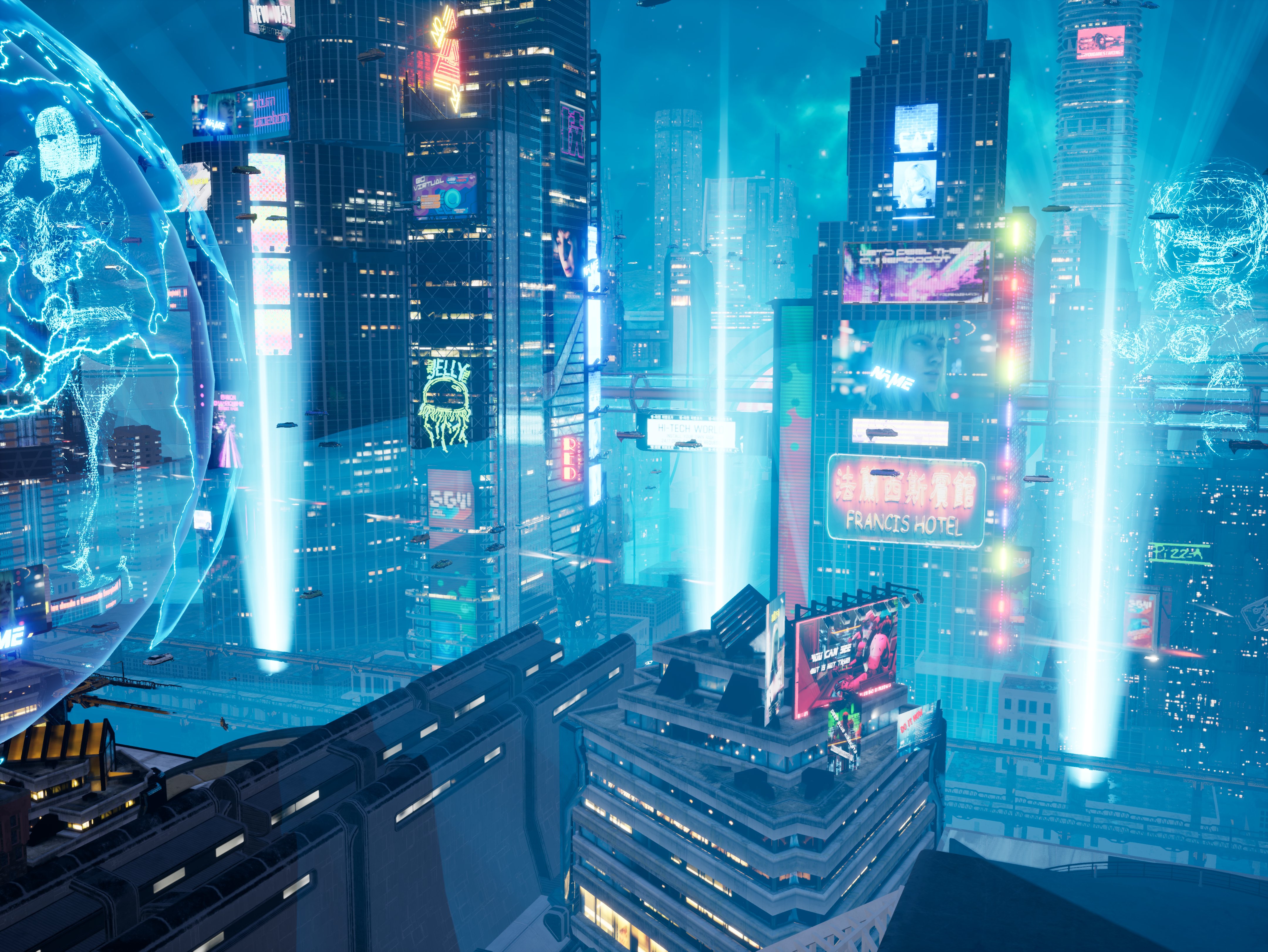 original, absurdres, commentary request, highres, translation request, billboard, building, city, city lights, cityscape, cyberpunk, english text, flying car, hologram, motoshi (nzxg7878), night, no humans, outdoors, scenery, science fiction, skyscraper