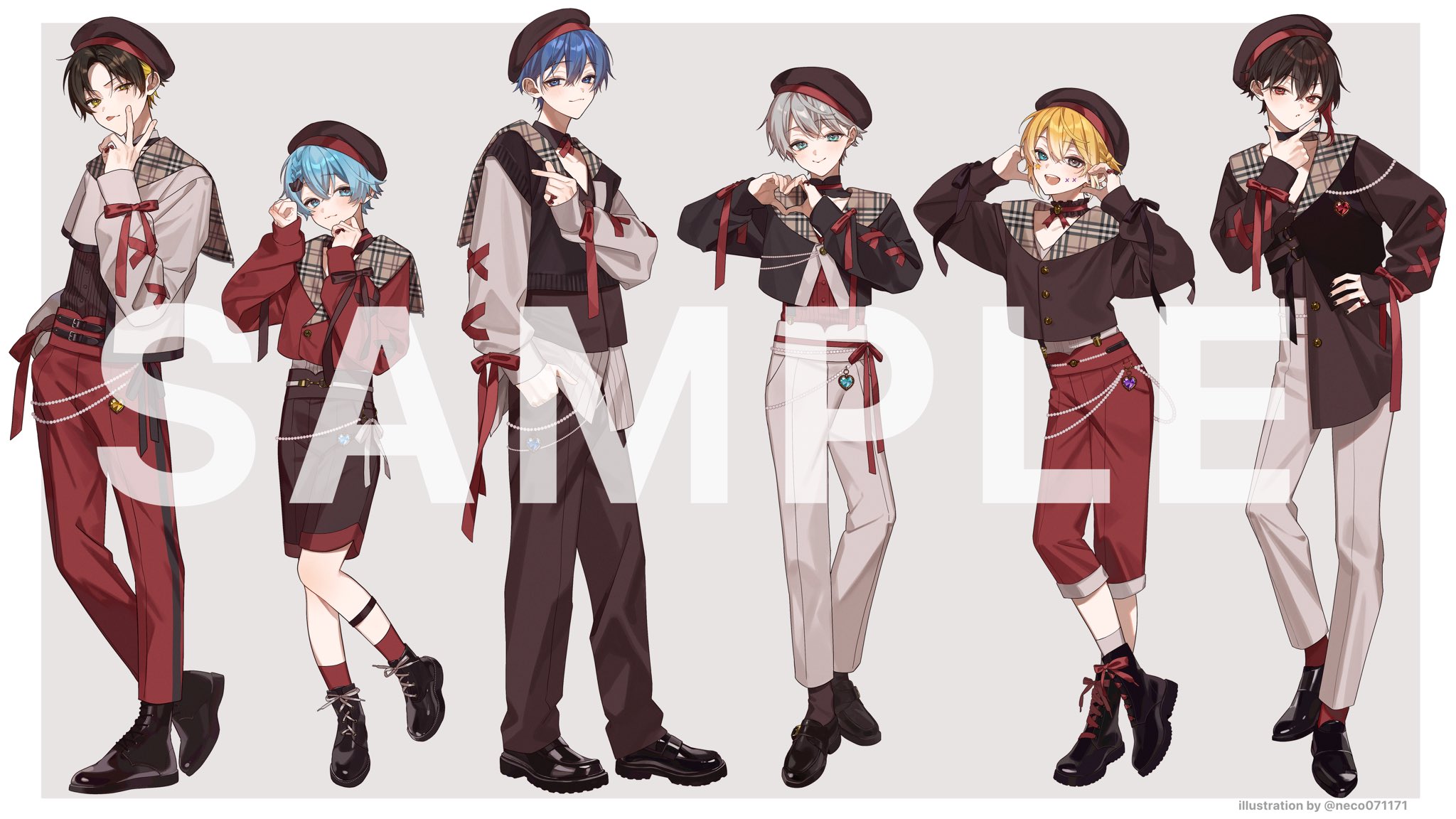 shichi (kotoneco0711), highres, official art, 3boys, :3, :d, :p, alternate costume, ankle boots, aqua eyes, bead belt, belt, beret, black belt, black boots, black choker, black collar, black hair, black nails, black shoes, blonde hair, blue eyes, blue hair, boots, border, braid, brown hat, brown jacket, brown pants, brown ribbon, brown sailor collar, brown shirt, brown shorts, brown socks, brown sweater vest, capri pants, cat hair ornament, choker, closed mouth, collar, collarbone, cropped jacket, cropped shirt, cross-laced clothes, cross-laced sleeves, cross tie, crossed ankles, crossed bangs, detached collar, facial mark, finger heart, finger ribbon, frilled choker, frills, full body, grey background, grey eyes, grey hair, grey pants, grey shirt, grey socks, hair behind ear, hair between eyes, hair ornament, hairclip, half-heart hands, hand in pocket, hand on own hip, hands up, hat, heart, heart hands, heart ornament, heterochromia, jacket, kaito story, kamome (utaite), l hand, lace-up boots, layered shirt, legwear garter, light blush, lineup, loafers, long sleeves, looking at viewer, male focus, melon parker, multicolored hair, multiple boys, nail polish, naroya (utaite), nokki (utaite), open mouth, outside border, pants, parted bangs, paw pose, plaid clothes, plaid sailor collar, puckered lips, puffy long sleeves, puffy sleeves, red choker, red eyes, red hair, red pants, red ribbon, red shirt, red socks, ribbon, ribbon choker, sailor collar, sailor shirt, sample watermark, samurai shou, shirt, shirt partially tucked in, shirt tucked in, shoes, short hair, shorts, side braid, sideways glance, simple background, single sidelock, sleeve ribbon, sleeves past wrists, smile, socks, soraneko (utaite), standing, star (symbol), star facial mark, streaked hair, sweater vest, tongue, tongue out, twitter username, two-tone hair, uneven eyes, untucked shirt, utaite, v, v-shaped eyebrows, waist ribbon, watermark, white border, x (symbol), x facial mark, yellow eyes