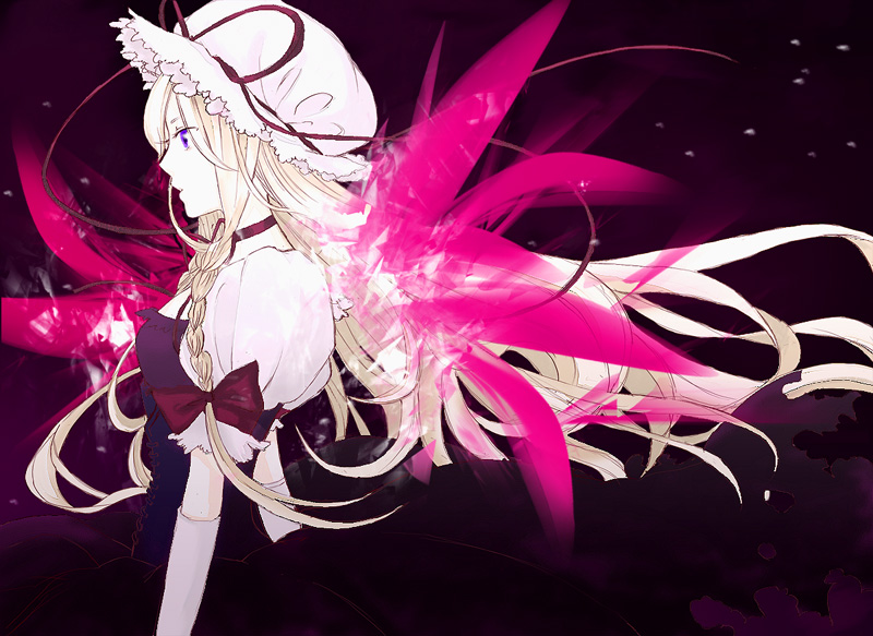 mimimi, yakumo yukari, touhou, bad id, bad pixiv id, 1girl, blonde hair, female focus, hat, long hair, ribbon, solo