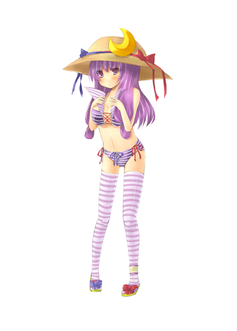 teru teru, patchouli knowledge, touhou, bad id, bad pixiv id, highres, 1girl, bikini, breasts, female focus, hat, long hair, purple hair, ribbon, simple background, socks, solo, straw hat, striped bikini, striped clothes, striped socks, striped thighhighs, swimsuit, thighhighs, white background