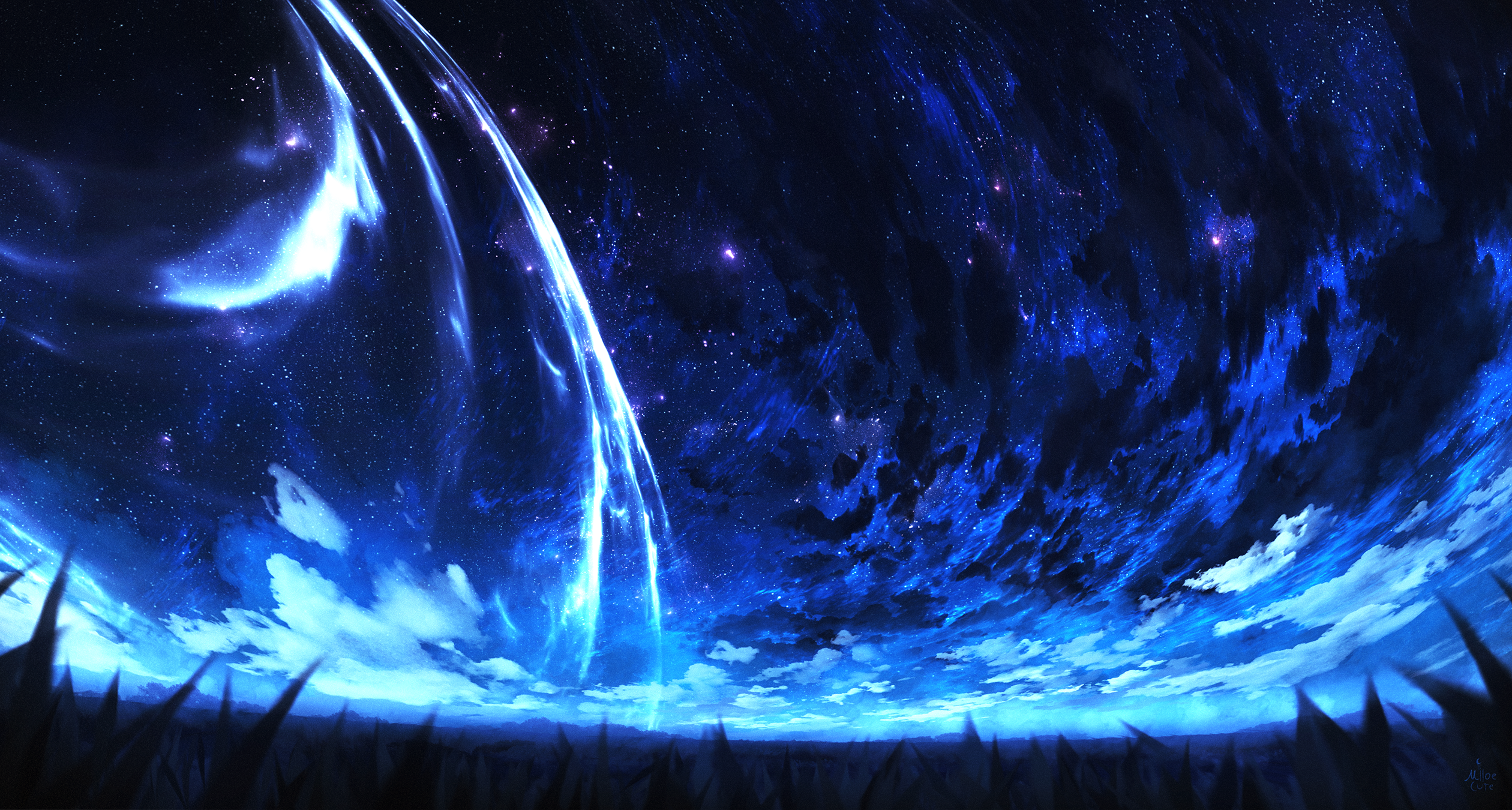 miloecute, original, commentary, english commentary, highres, blue theme, cloud, cloudy sky, field, horizon, monochrome, night, night sky, no humans, scenery, sky, sky focus, star (sky), starry sky