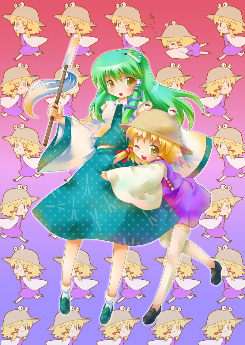 michii yuuki, kochiya sanae, moriya suwako, touhou, bad id, bad pixiv id, 2girls, blonde hair, female focus, full body, gradient background, green hair, hat, japanese clothes, long hair, miko, multiple girls, multiple views, ribbon, short hair, skirt, thighhighs, zettai ryouiki