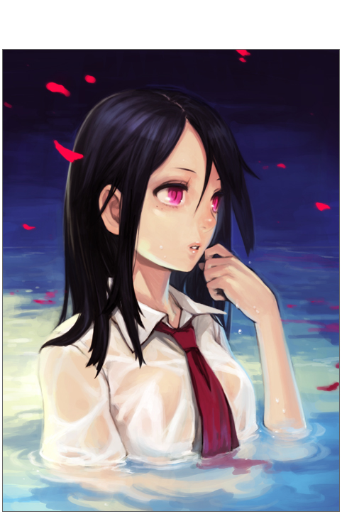 shiohara shin'ichi, black hair, necktie, petals, pink eyes, water, wet, wet clothes
