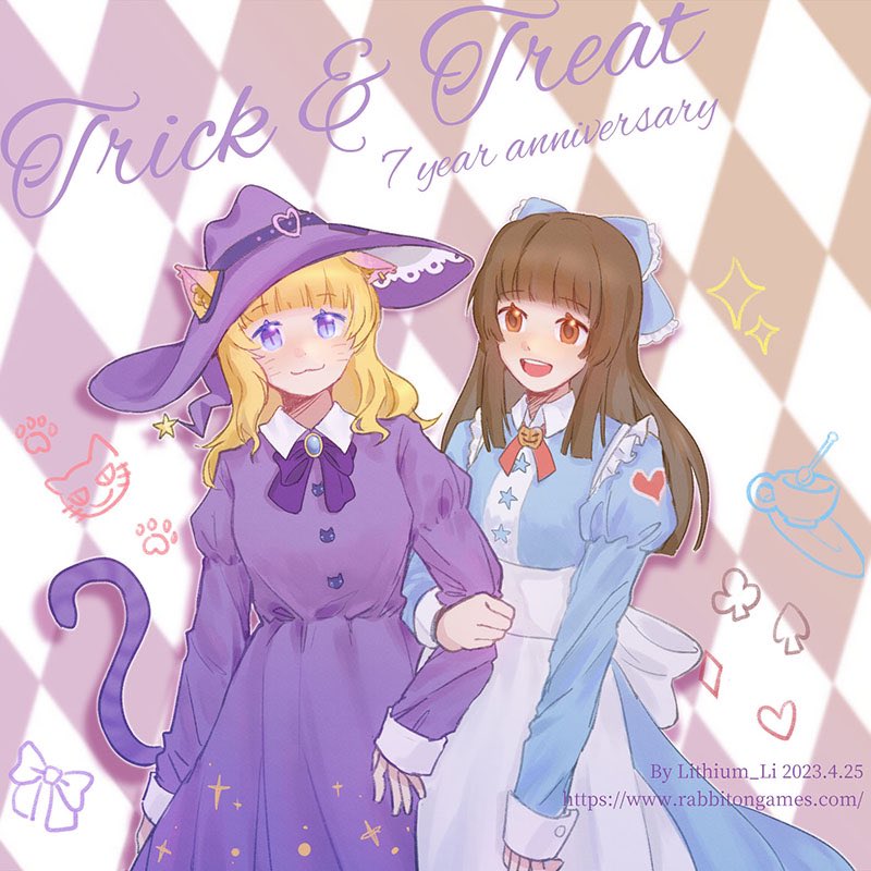 2girls, amelia (trick and treat), animal ears, anniversary, apron, blonde hair, blunt bangs, bow, brown eyes, brown hair, cat ears, charlotte (trick and treat), dress, fake animal ears, hat, long hair, long sleeves, maid, maid apron, multiple girls, official alternate costume, puffy long sleeves, puffy sleeves, purple dress, purple eyes, smile, trick and treat (game), witch hat