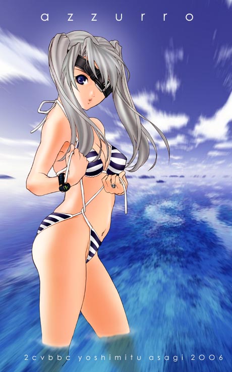 asagi yoshimitsu, original, silver hair, 1girl, bikini, blue eyes, cloud, day, female focus, long hair, ocean, outdoors, side-tie bikini bottom, sky, solo, striped bikini, striped clothes, swimsuit, twintails, untied bikini, water