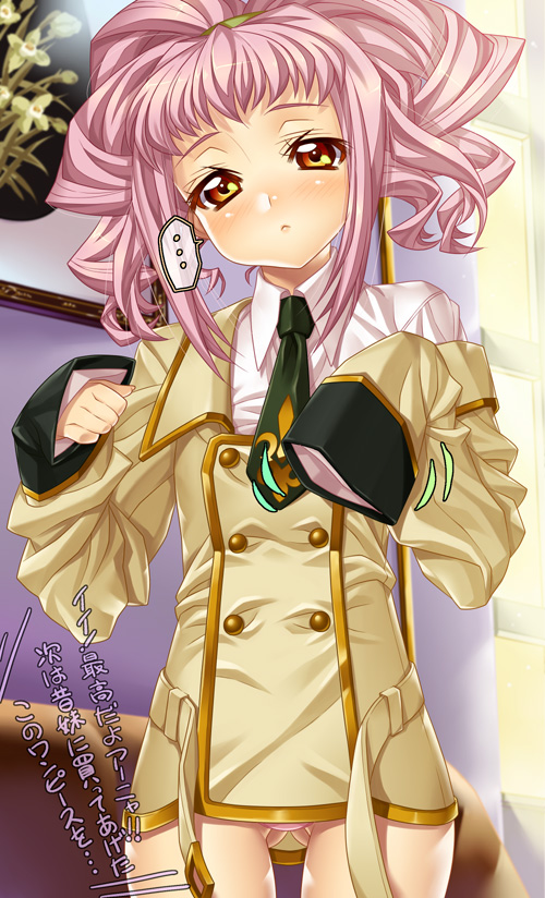 kink (tortoiseshell), anya alstreim, code geass, translated, 00s, blush, dressing, flat chest, hairband, long sleeves, necktie, orange eyes, oversized clothes, panties, pantyshot, pink hair, school uniform, serafuku, sleeves past wrists, solo, thigh gap, thighs, underwear