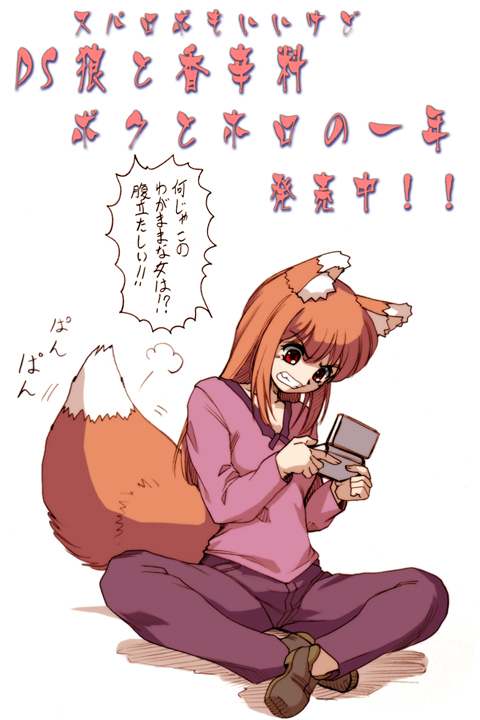hisahiko, holo, spice and wolf, translated, 00s, 1girl, angry, animal ears, brown hair, female focus, full body, handheld game console, nintendo ds, playing games, red eyes, sitting, solo, tail, teeth, text focus, video game, wolf ears, wolf tail