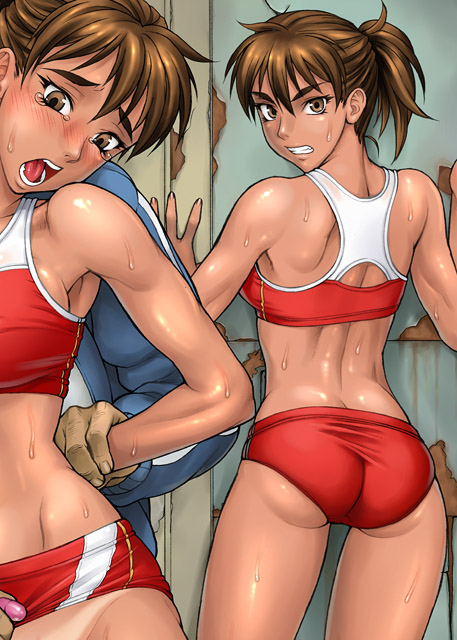 bang-you, 1girl, ass, back, bikini tan, blush, bra, brown eyes, brown hair, buruma, butt crack, dark-skinned female, dark-skinned male, dark skin, forced, lingerie, looking back, ponytail, shiny skin, short hair, solo focus, sports bra, sweat, tan, tanline, tears, track and field, two-tone sports bra, underwear, wedgie