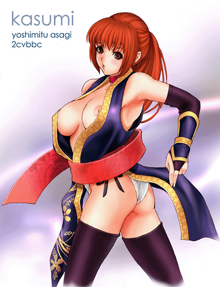asagi yoshimitsu, kasumi (doa), dead or alive, tecmo, 1girl, ass, bare shoulders, blush, breasts, brown eyes, cleavage, detached sleeves, japanese clothes, large breasts, long hair, nipple slip, nipples, panties, pelvic curtain, penis, ponytail, red hair, solo, thighhighs, underwear
