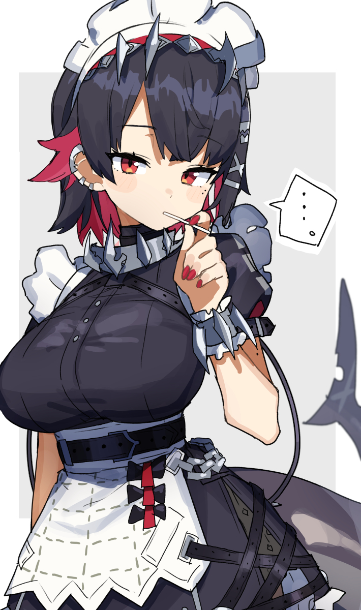 gazacy (dai), ellen joe, zenless zone zero, commentary, highres, …, 1girl, black hair, breasts, colored inner hair, fingernails, fins, fish tail, large breasts, lollipop in mouth, looking at viewer, maid, maid headdress, mole, mole under eye, multicolored hair, nail polish, red eyes, red hair, red nails, shark girl, shark tail, short hair, solo, spoken ellipsis, tail, two-tone hair