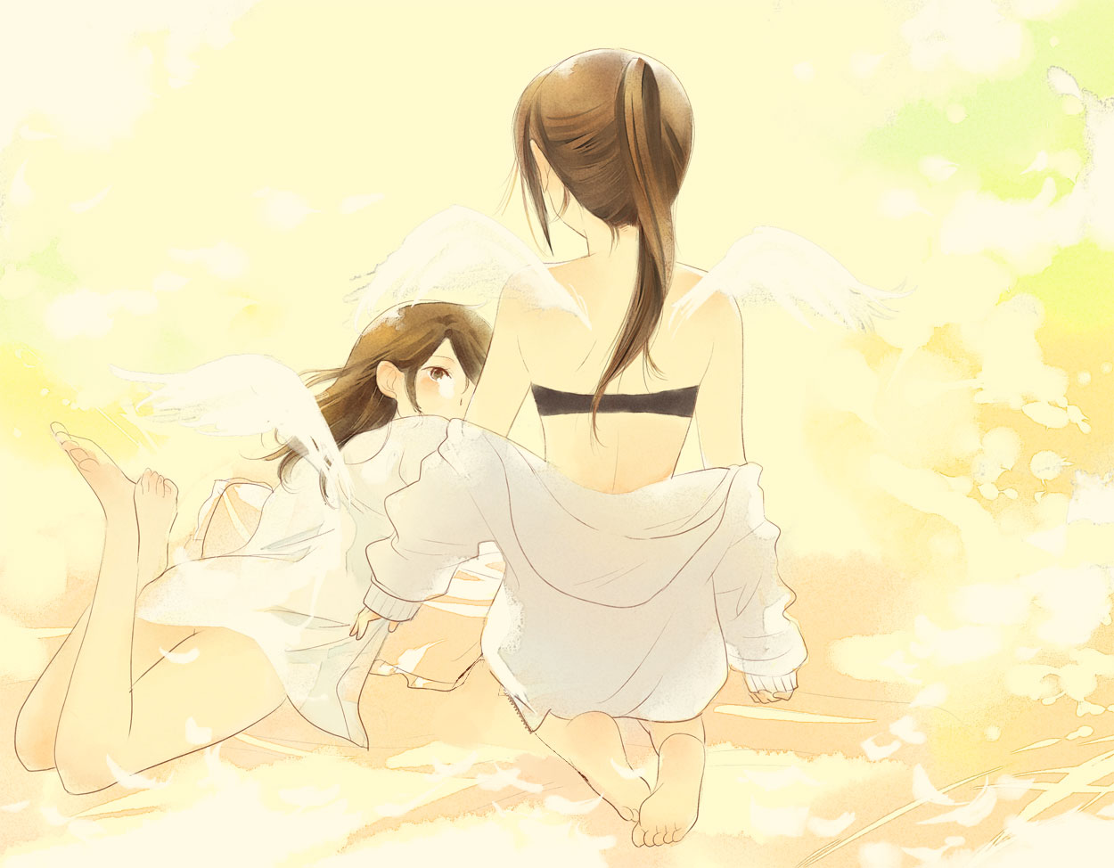 amanattou, koizumi itsuki, koizumi itsuki (female), kyonko, suzumiya haruhi no yuuutsu, bad id, bad pixiv id, gender request, 00s, 2girls, barefoot, blouse, brown hair, feet, genderswap, kneeling, long hair, lying, multiple girls, ponytail, shirt, soles, sweater, undressing, white shirt, white sweater, wings, yellow background