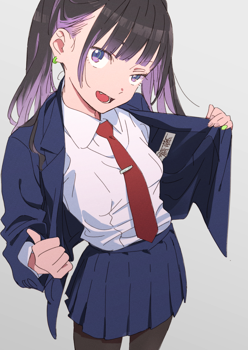 nishigori atsushi, original, 1girl, black jacket, black skirt, breasts, colored inner hair, jacket, multicolored hair, open clothes, open jacket, pleated skirt, purple eyes, simple background, skirt, small breasts, twintails