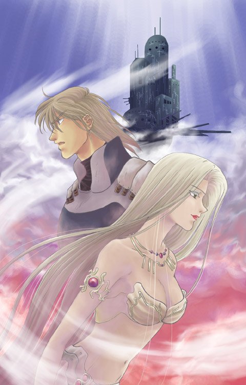 barbariccia, cain highwind, final fantasy, final fantasy iv, 1990s (style), 1boy, 1girl, armlet, armor, bikini, blonde hair, breasts, building, cleavage, collarbone, jewelry, lips, lipstick, long hair, makeup, necklace, profile, retro artstyle, swimsuit, tower, tower of zot, upper body, very long hair, yellow eyes