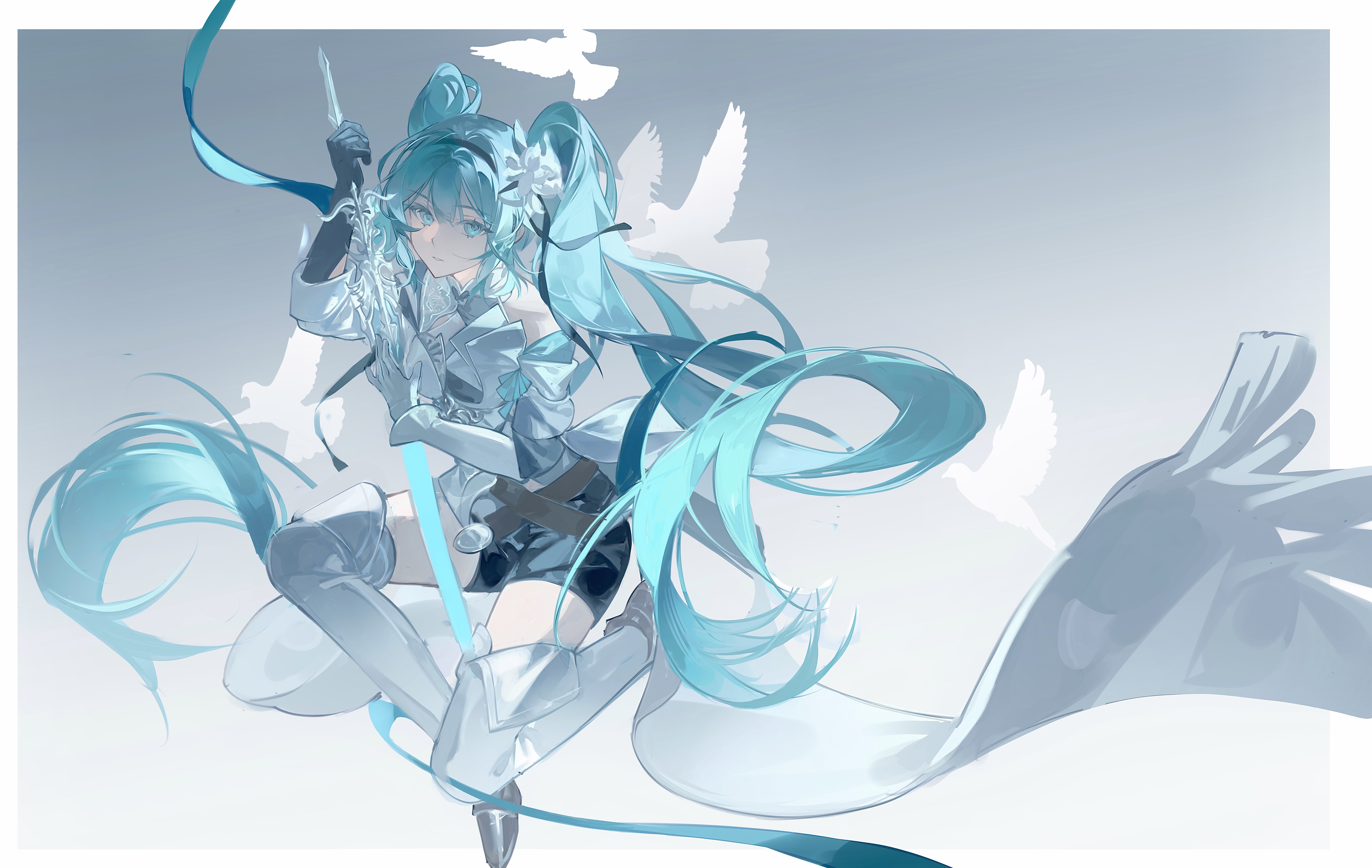 lin qing (phosphorus 1104), hatsune miku, vocaloid, absurdres, chinese commentary, commentary request, highres, 1girl, aqua eyes, aqua hair, asymmetrical gloves, bird, black gloves, black shoes, black shorts, closed mouth, flower, full body, gloves, gradient background, grey background, hair flower, hair ornament, holding, holding sword, holding weapon, inset border, long hair, looking at viewer, mismatched gloves, shoes, shorts, simple bird, solo, sword, thighhighs, twintails, very long hair, weapon, white background, white flower, white gloves, white thighhighs