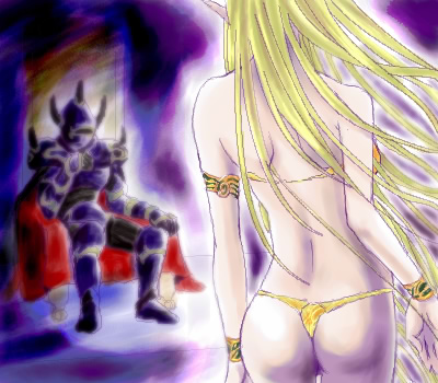 barbariccia, golbez, final fantasy, final fantasy iv, lowres, 1990s (style), 1boy, 1girl, ass, bikini, blonde hair, jewelry, long hair, lots of jewelry, panties, swimsuit, thong, thong bikini, underwear, very long hair