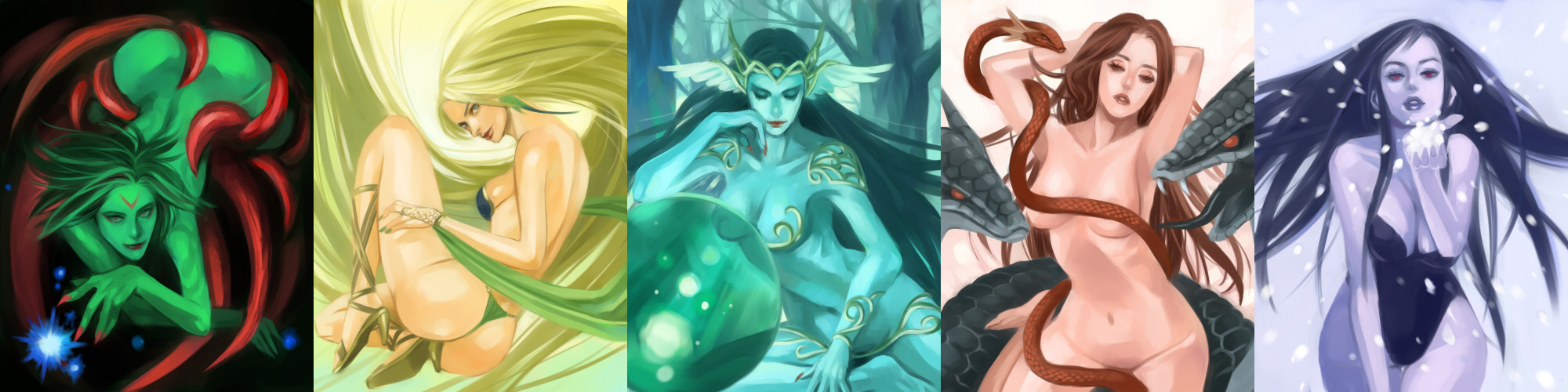 kareji, barbariccia, calofisteri, cloud of darkness, melusine, snow (ff7), final fantasy, final fantasy iii, final fantasy iv, final fantasy v, final fantasy vii, highres, long image, wide image, 1990s (style), 5girls, absurdly long hair, ass, bikini, black hair, blonde hair, blue eyes, blue skin, breasts, brown hair, censored, cleavage, closed eyes, colored skin, convenient censoring, crown, green hair, green skin, hat, head wings, large breasts, long hair, medium breasts, monster girl, multiple girls, nude, one-piece swimsuit, purple skin, red eyes, retro artstyle, snake, snow, swimsuit, thong bikini, very long hair, wings