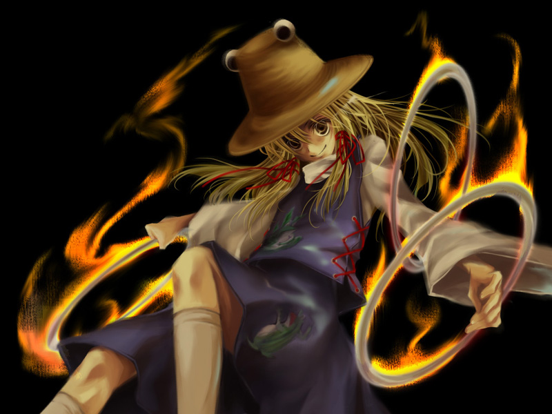 honokan, moriya suwako, touhou, 1girl, blonde hair, female focus, fire, hat, moriya's iron rings, solo