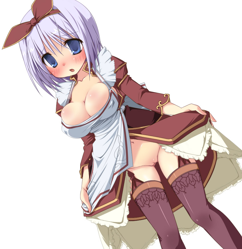 wazawogi (wzog), fantasy earth zero, non-web source, 1girl, apron, blue eyes, blue hair, blush, bob cut, breasts, cleavage, clothes pull, covered erect nipples, cowboy shot, dress, dress pull, hair between eyes, hair ribbon, juliet sleeves, large breasts, long sleeves, looking at viewer, navel, no panties, open mouth, puffy long sleeves, puffy sleeves, pulling own clothes, purple thighhighs, pussy, red dress, red ribbon, ribbon, short hair, sidelocks, simple background, solo, standing, tareme, thighhighs, white apron, white background