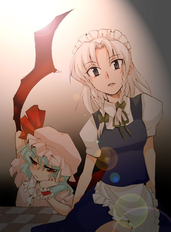 hirafumi, izayoi sakuya, remilia scarlet, touhou, silver hair, 2girls, bat wings, blue hair, braid, female focus, hat, head rest, lens flare, maid, maid headdress, multiple girls, red eyes, twin braids, wings