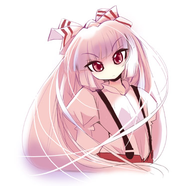 usoneko, fujiwara no mokou, touhou, silver hair, lowres, 1girl, bow, female focus, hair bow, looking at viewer, pants, red eyes, simple background, solo, suspenders, upper body, white background, white bow