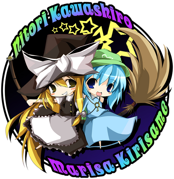 jum (artist), jum (parallel parasol), kawashiro nitori, kirisame marisa, touhou, 2girls, apron, blonde hair, blue dress, blue eyes, blue hair, broom, broom riding, brown eyes, character name, chibi, dress, female focus, grin, key, long sleeves, looking at viewer, multiple girls, puffy short sleeves, puffy sleeves, short sleeves, smile, teeth, vest, waist apron