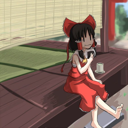 ameimo, hakurei reimu, touhou, lowres, 1girl, barefoot, eating, feet, female focus, porch, sitting, solo, tea, veranda, | |