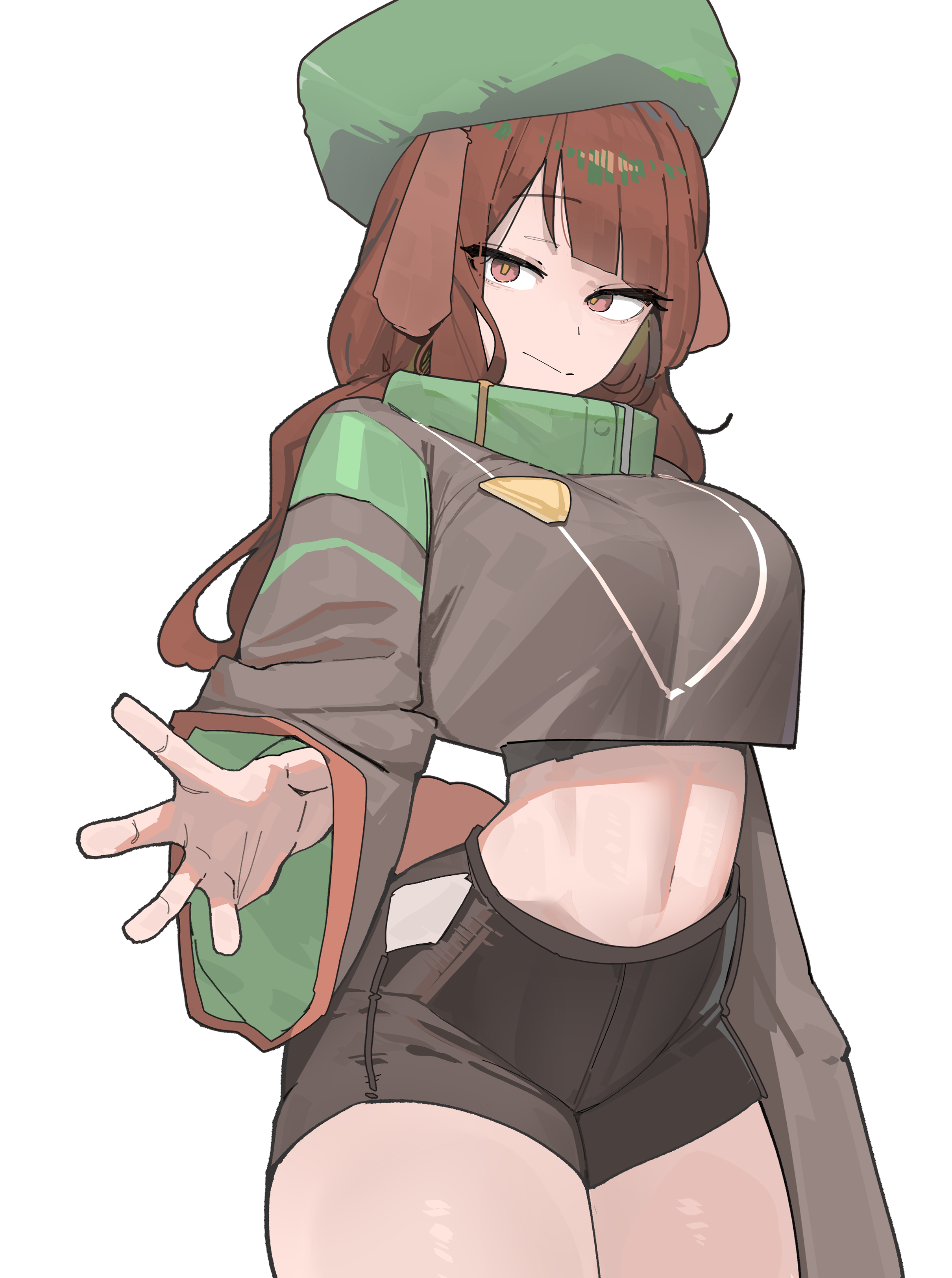azz0422, original, absurdres, highres, animal ears, arched back, black shoes, blunt bangs, brown eyes, brown hair, brown pupils, closed mouth, crop top, crop top overhang, dog ears, dog girl, dog tail, eyelashes, fur hat, green hat, hat, high collar, long hair, long sleeves, looking at viewer, looking to the side, midriff, multicolored sweater, narrow waist, narrowed eyes, navel, papakha, raised eyebrows, shoes, short shorts, shorts, simple background, standing, sweater, tail, thick thighs, thighs, white background, wide sleeves